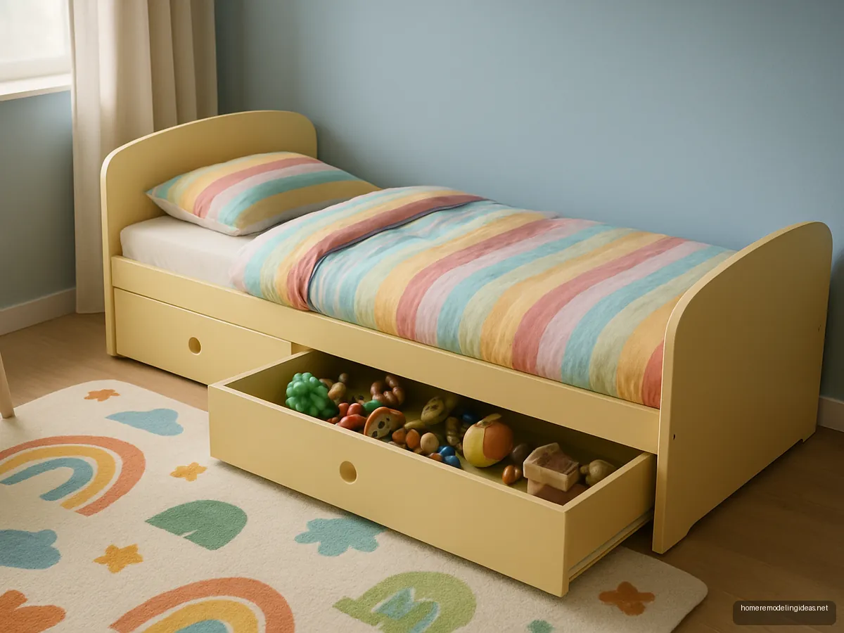 Pastel yellow kids single bed with side drawers