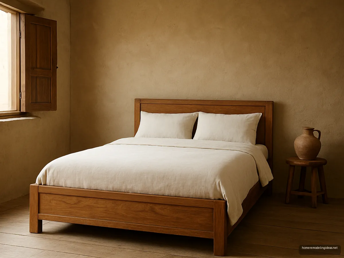Mango wood box khat with handloom bedding in rustic room