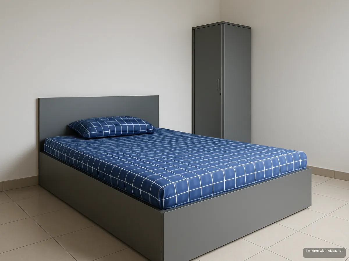 Matte grey laminate box bed in a simple rented bedroom