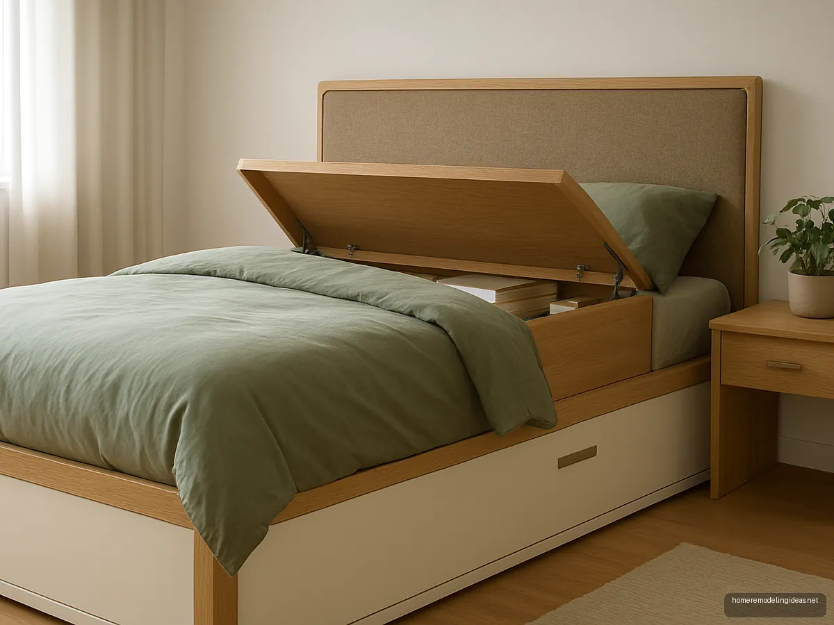 Deep headboard with flip-up storage compartments on a queen bed
