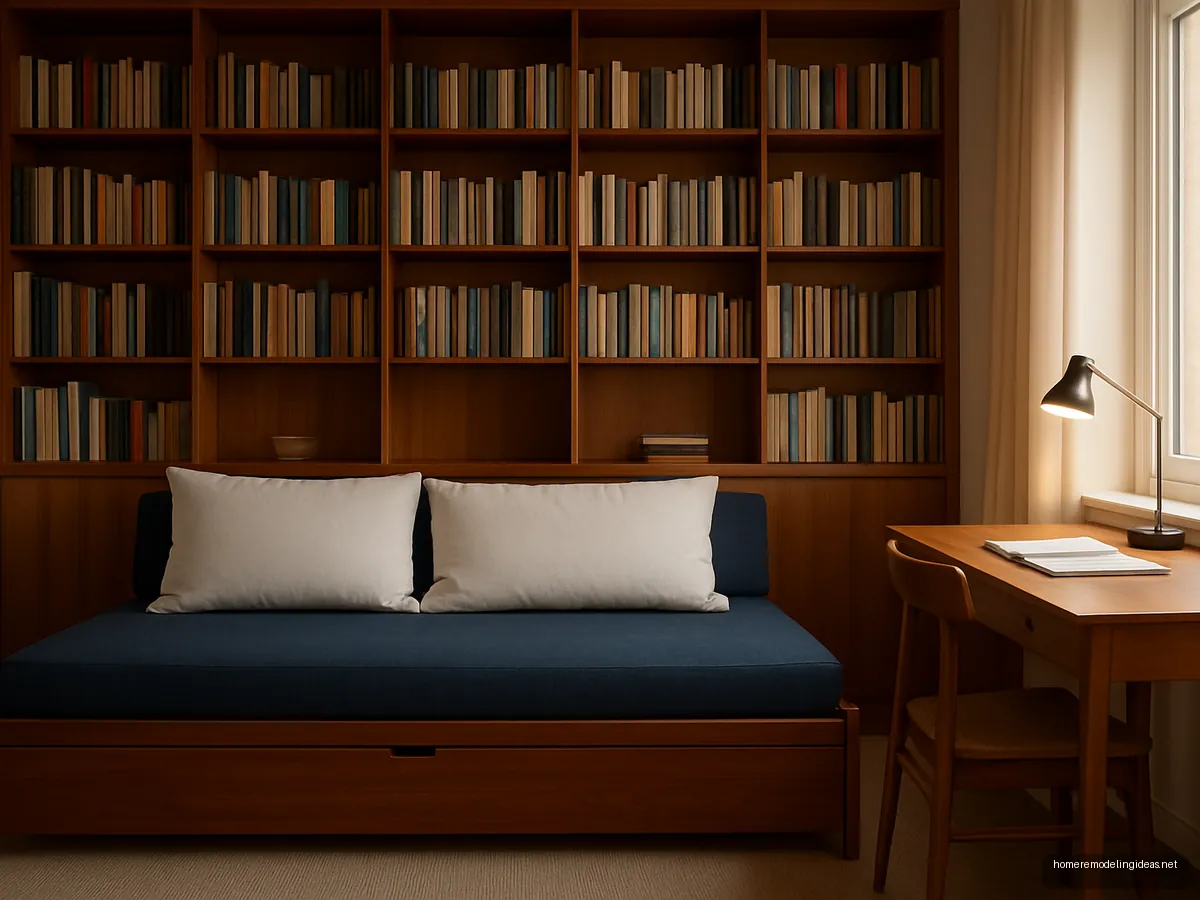 Teak diwan daybed with lift-up storage in a study room