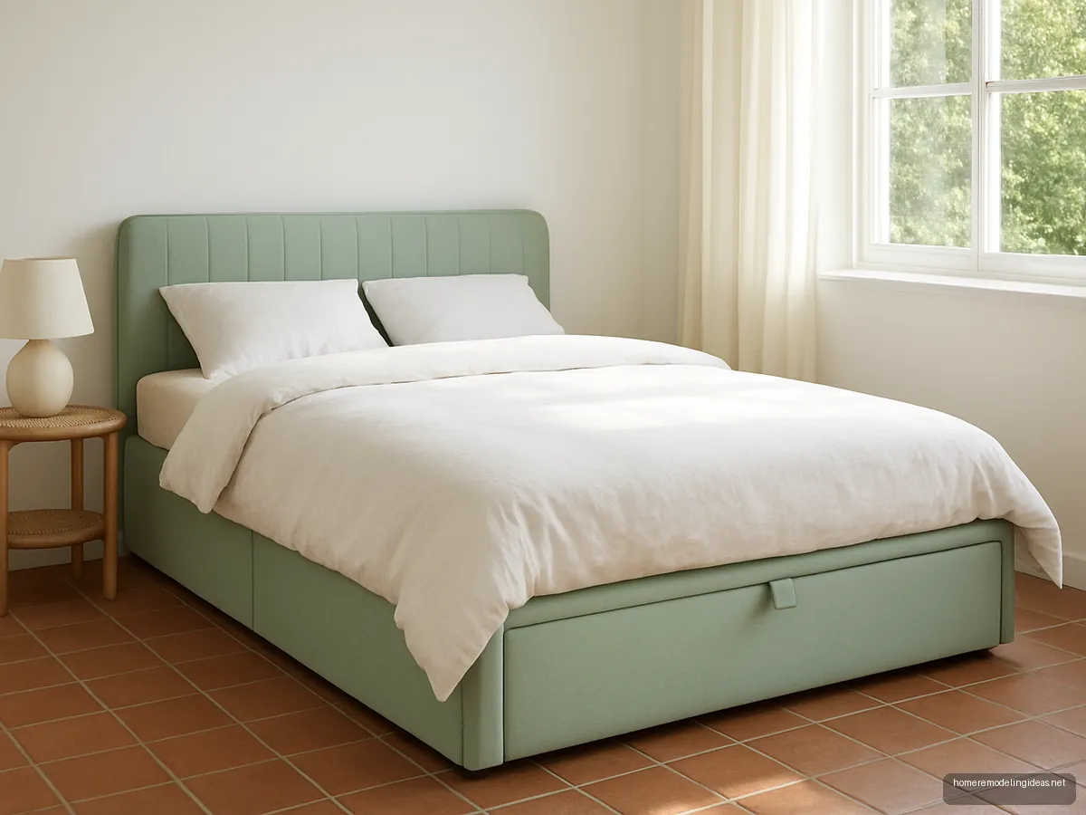 Pastel mint green hydraulic queen bed with white linen