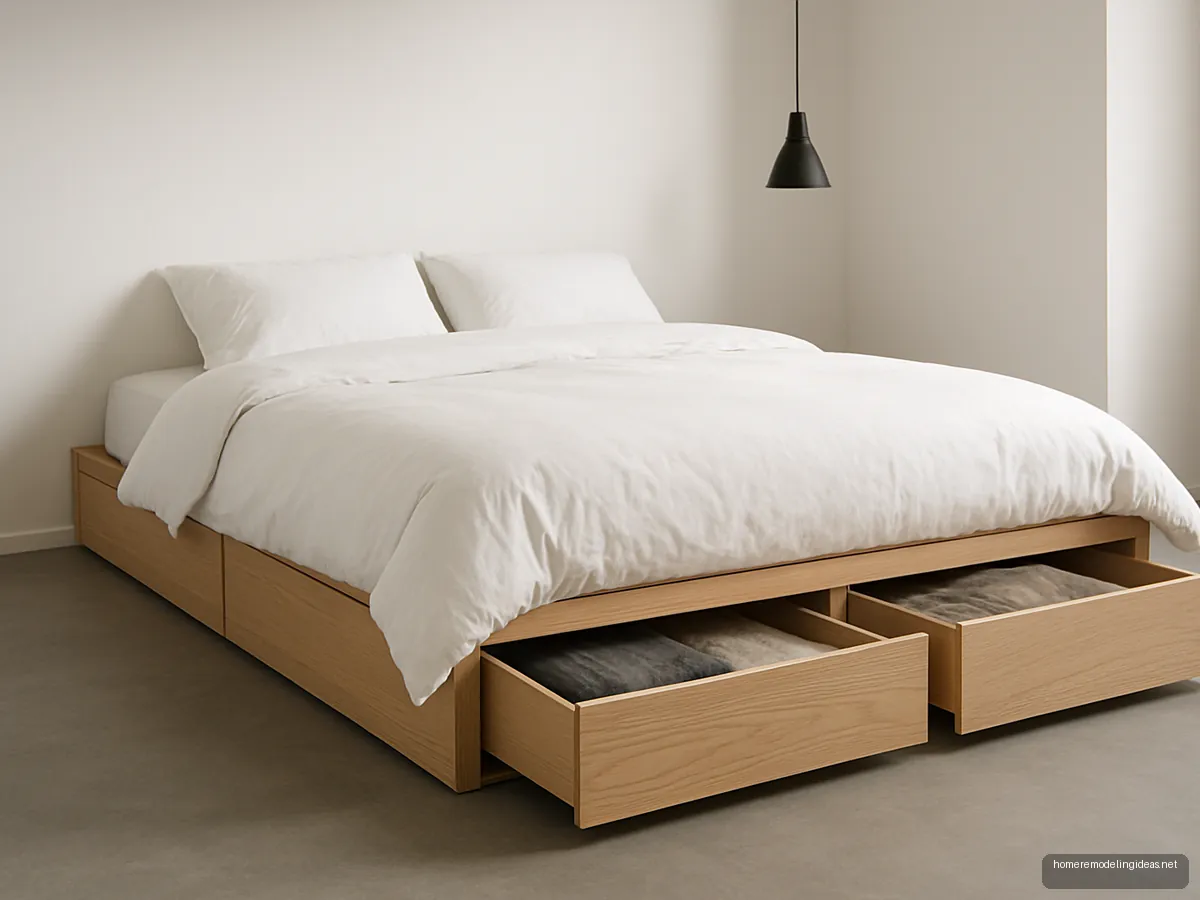 Low ash platform bed with wide drawers below