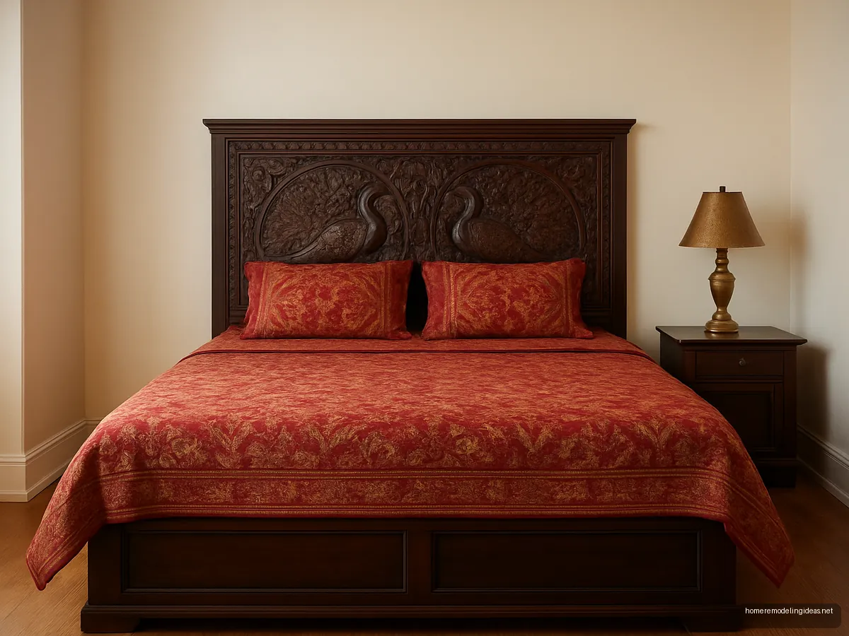 Carved teak peacock headboard on a box storage bed