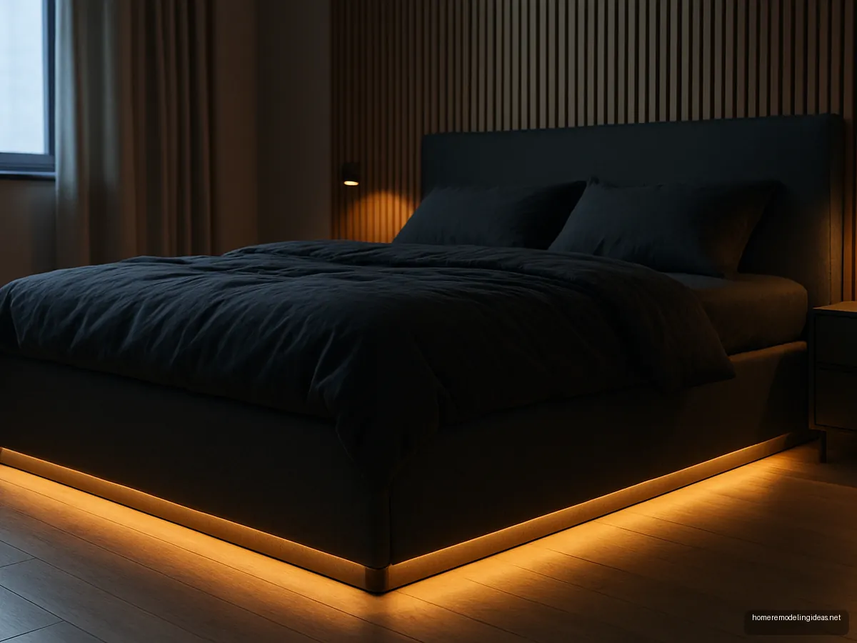 Charcoal hydraulic bed with warm LED base light at night