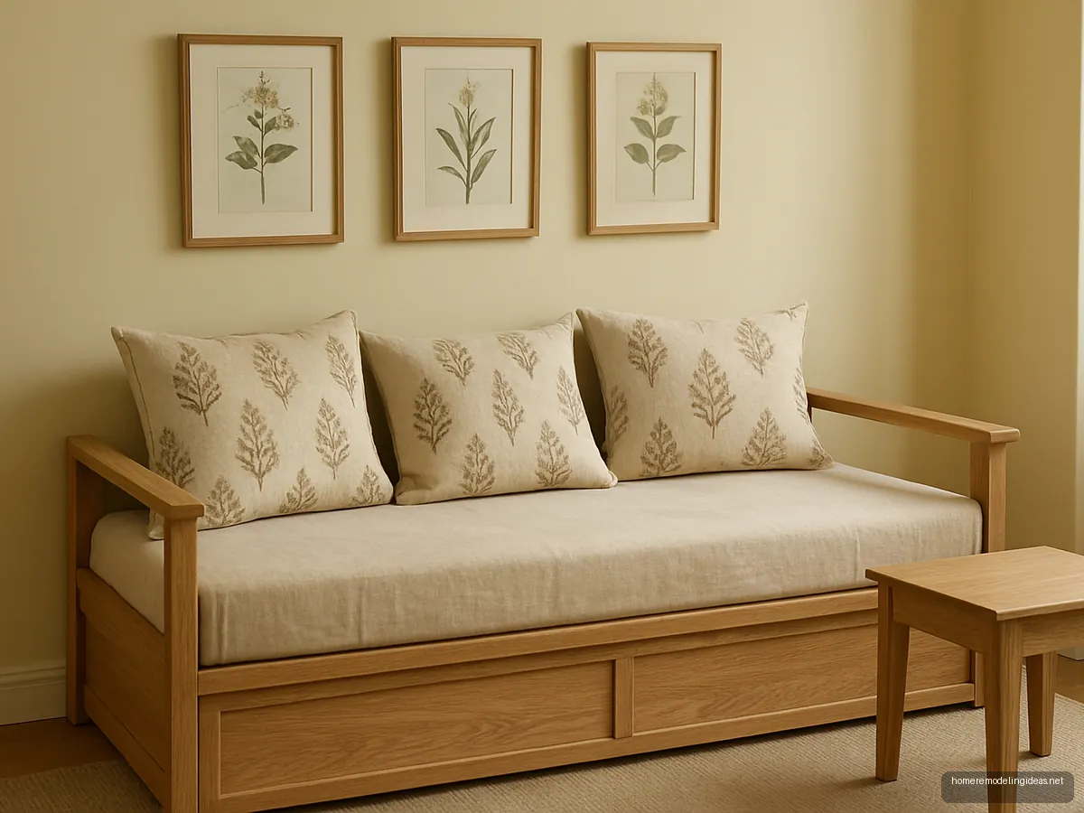 Light oak diwan set with box base and block print cushions