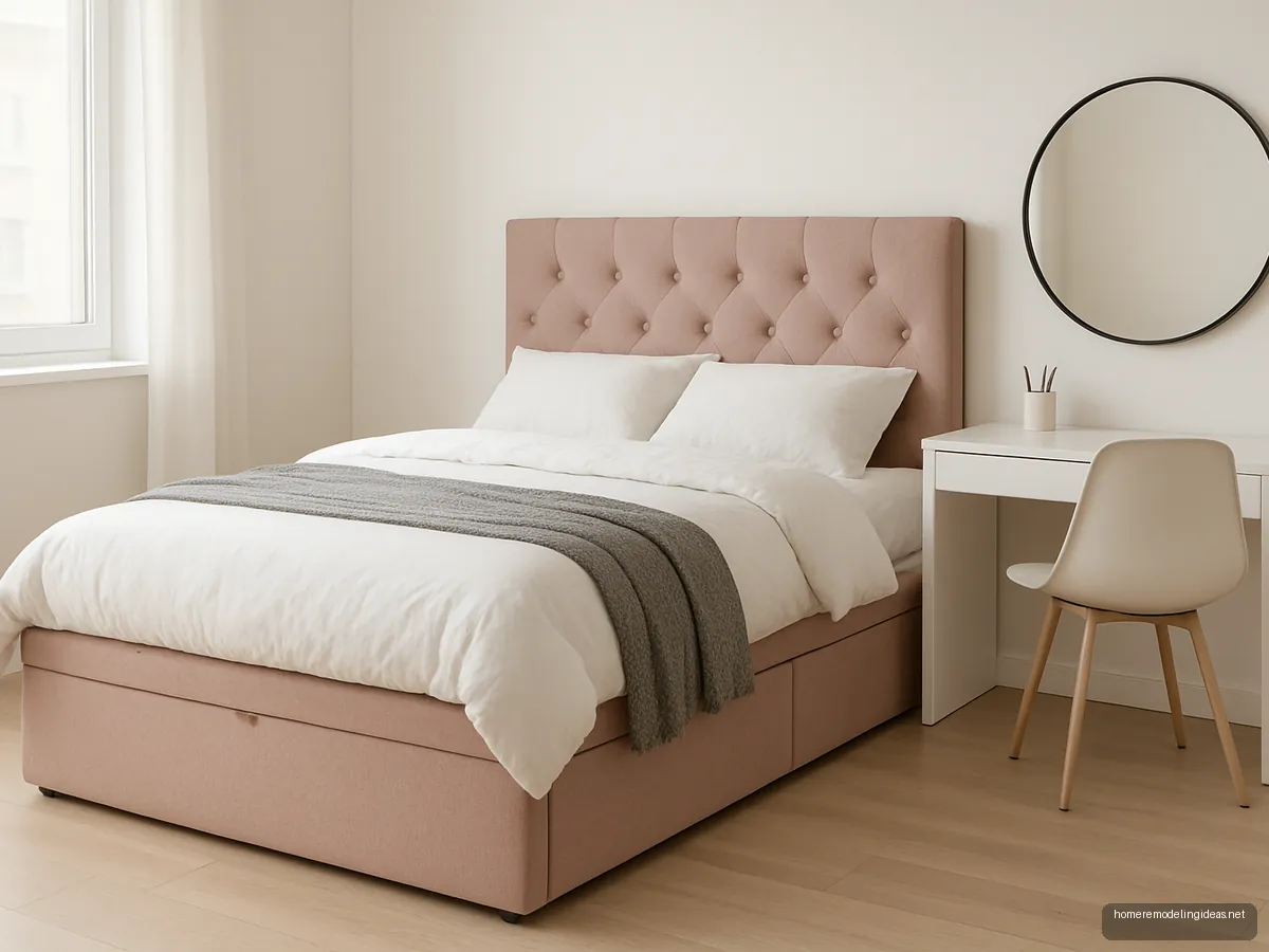 Blush pink fabric box bed with button tufted headboard