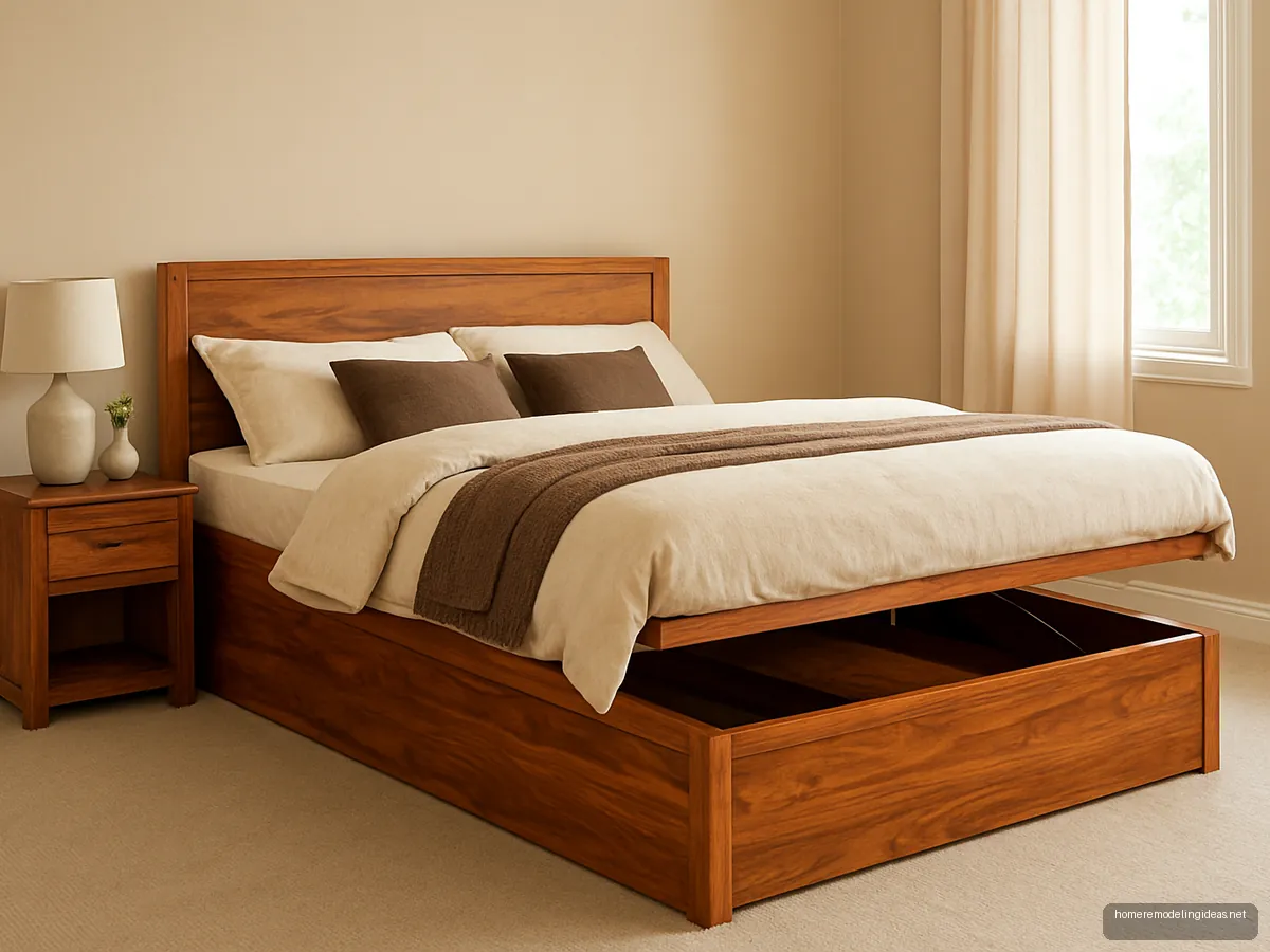 Sheesham hydraulic storage bed with honey finish