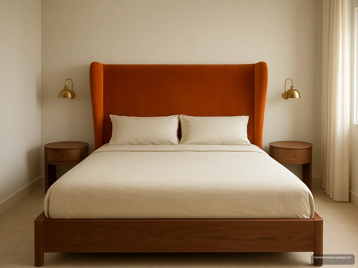 Walnut queen bed with rust velvet wingback headboard in an Indian master bedroom