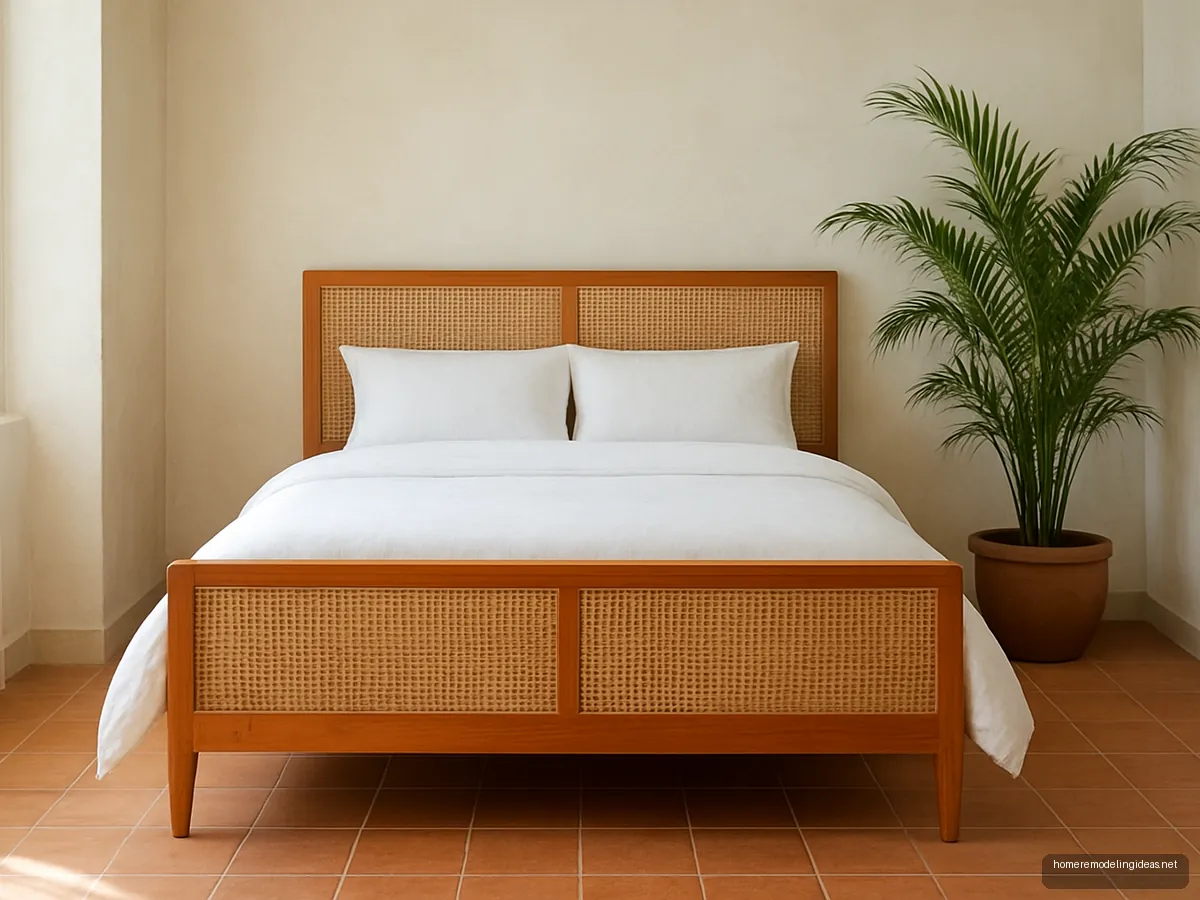 Teak frame double bed with cane headboard and footboard in a coastal bedroom