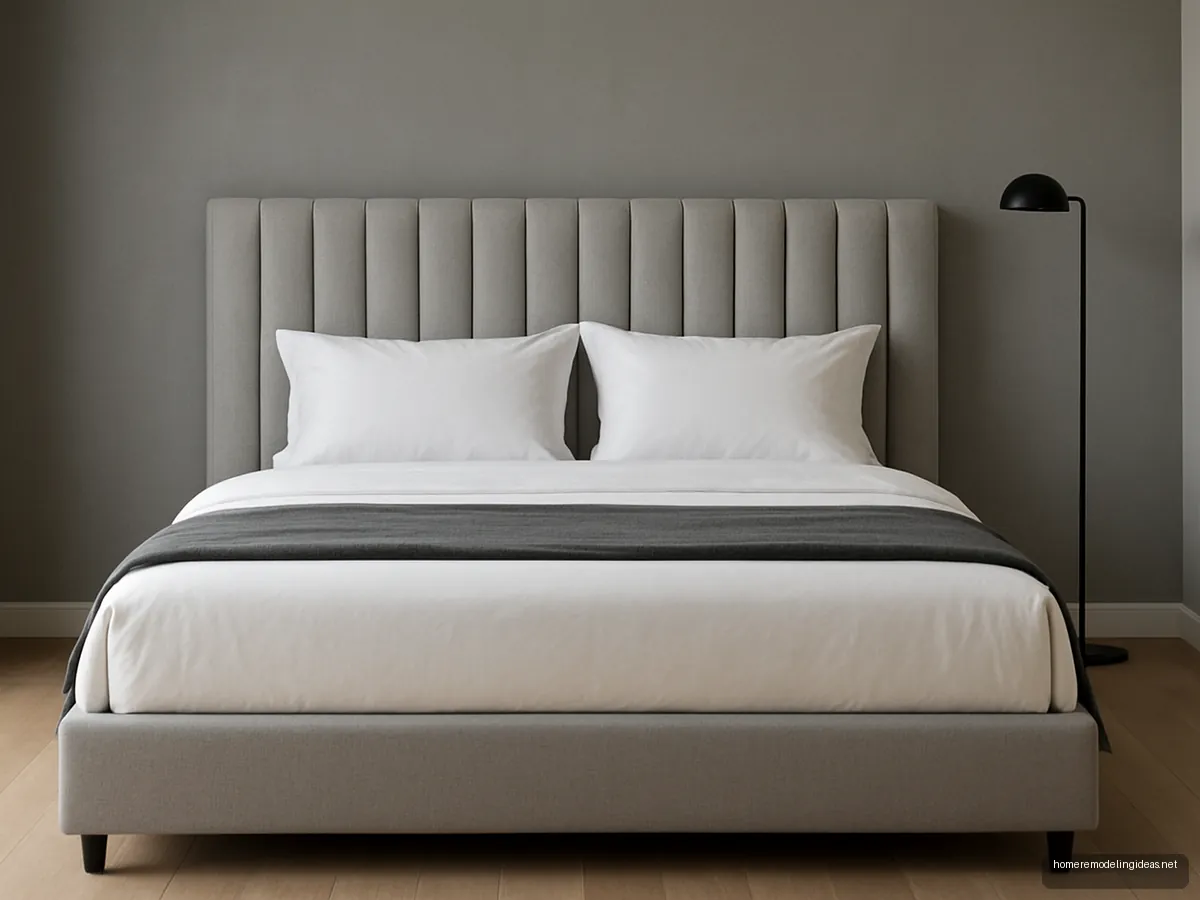 Grey channel tufted queen bed with white bedding and charcoal throw