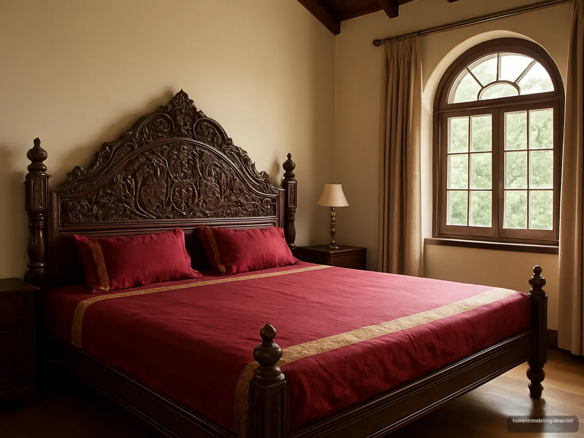 Carved dark wood heritage double bed with maroon silk bedspread