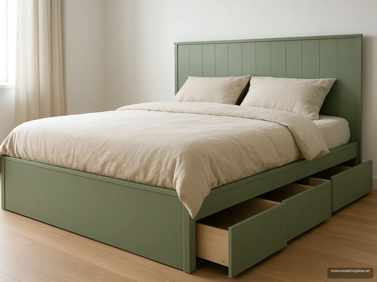 Sage green matte queen bed with side drawers partly open