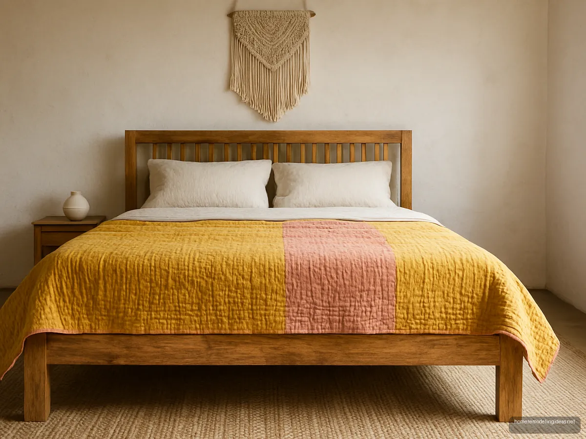Mango wood slatted double bed with kantha throw and macrame hanging