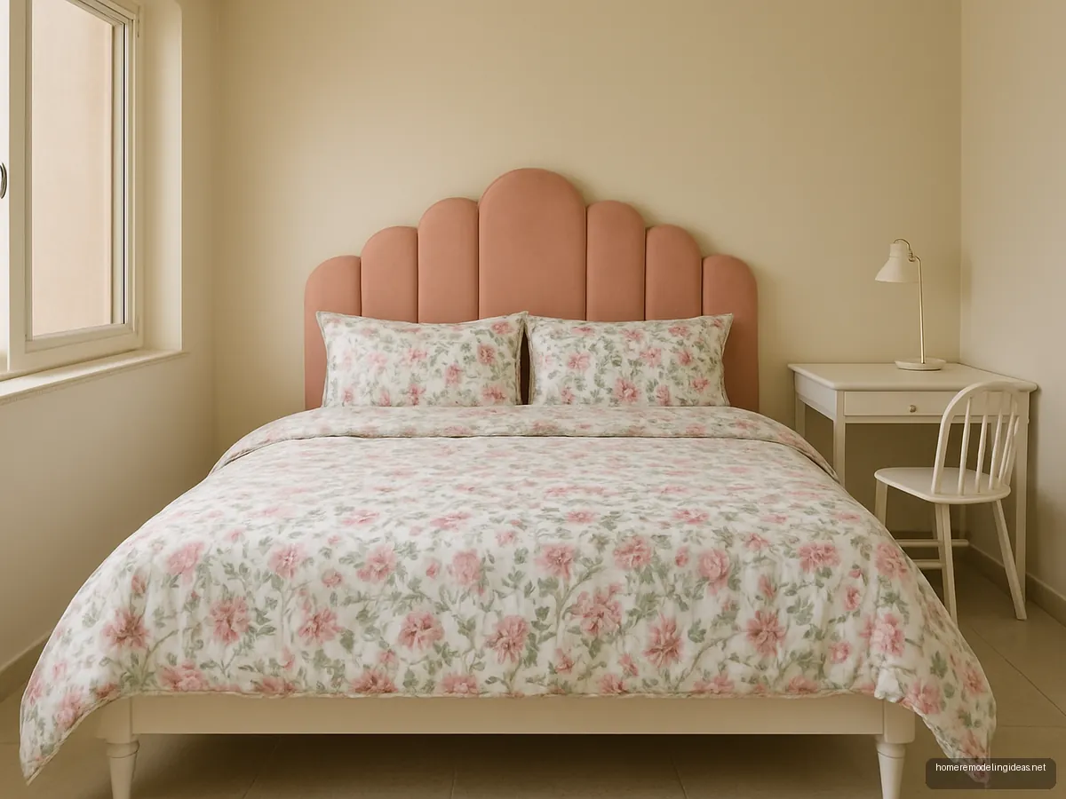 Blush pink scalloped upholstered double bed with floral bedding