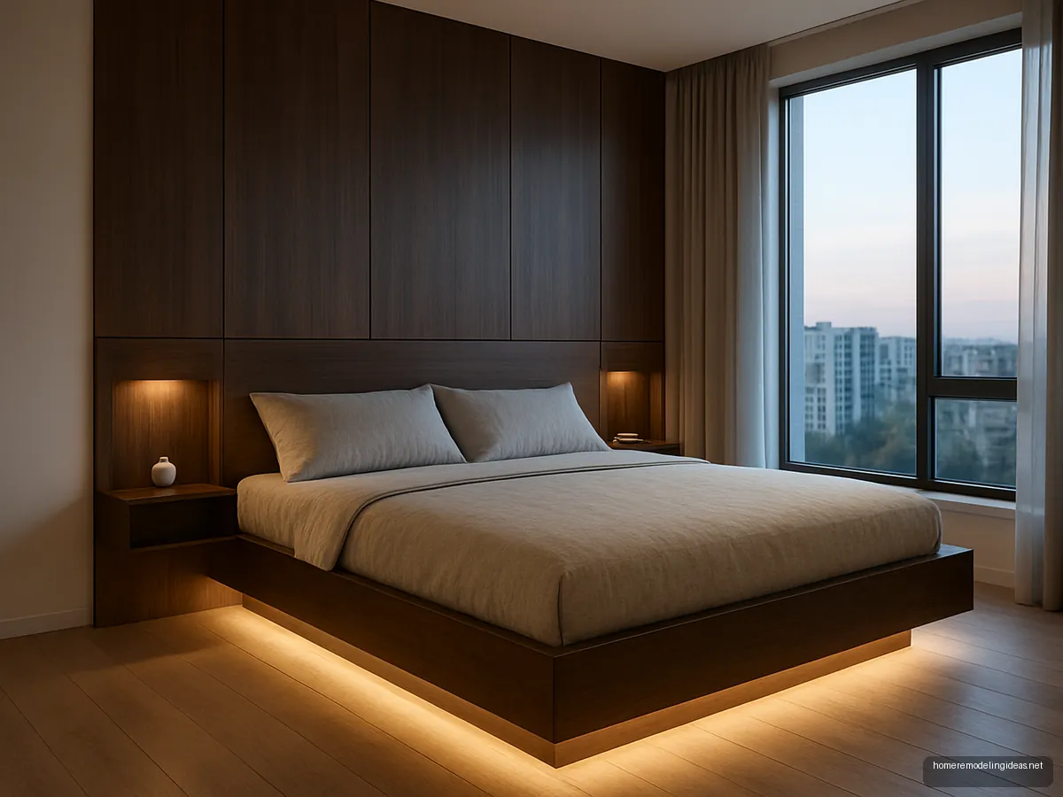 Walnut floating queen bed with warm under glow and panelled wall