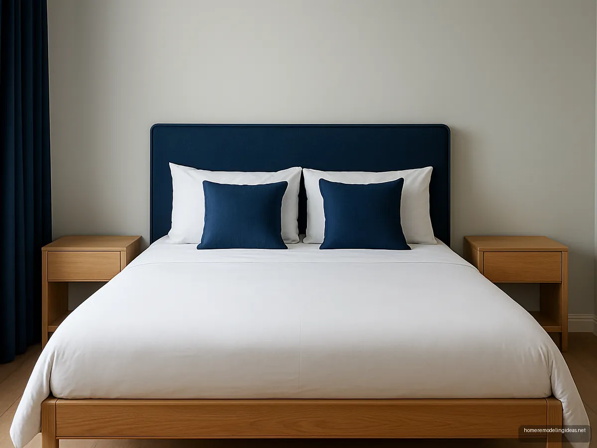 Oak and navy two tone queen bed with matching curtains