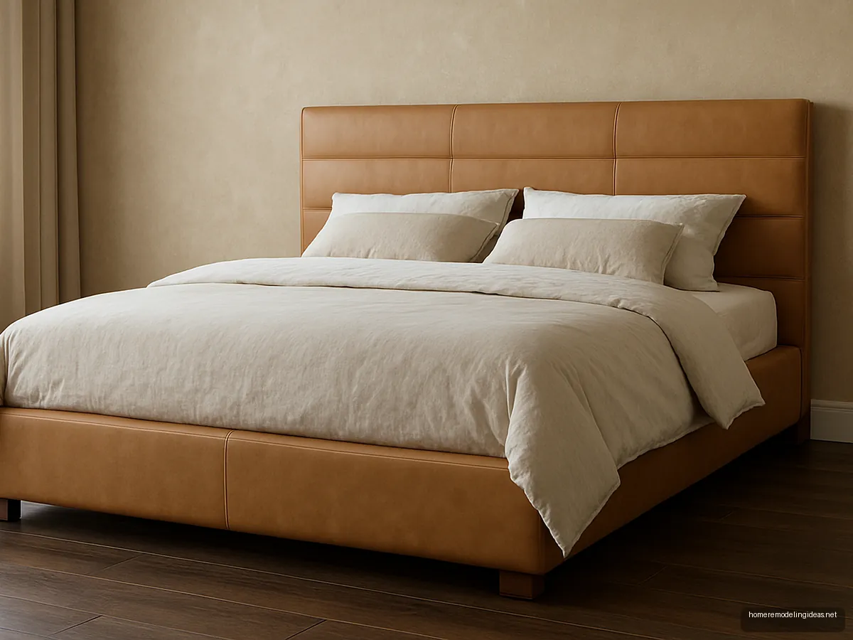 Tan leatherette panelled queen bed in a beige bedroom