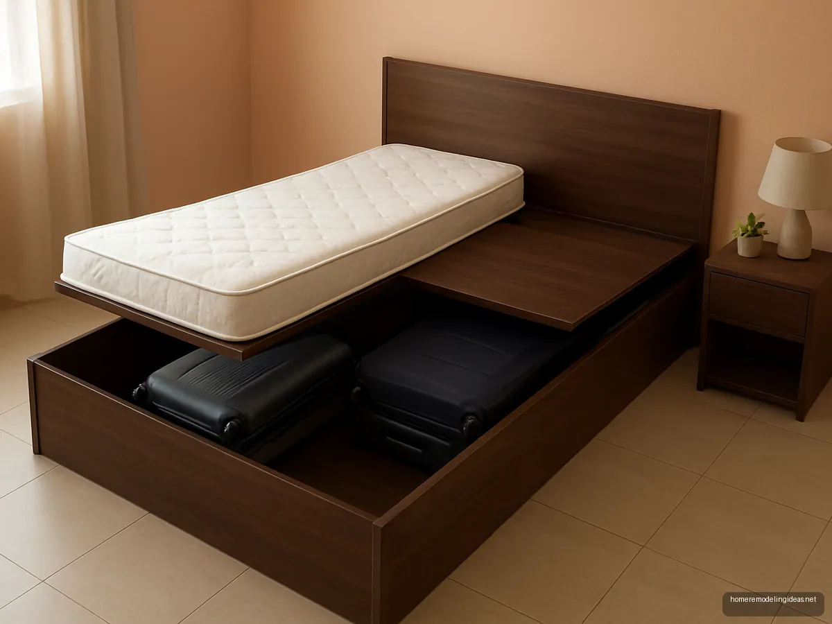 Wenge box storage bed with top panels slid open showing suitcases