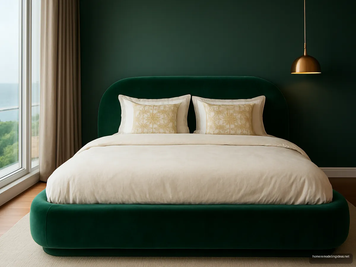 Emerald velvet rounded queen bed with gold cushions