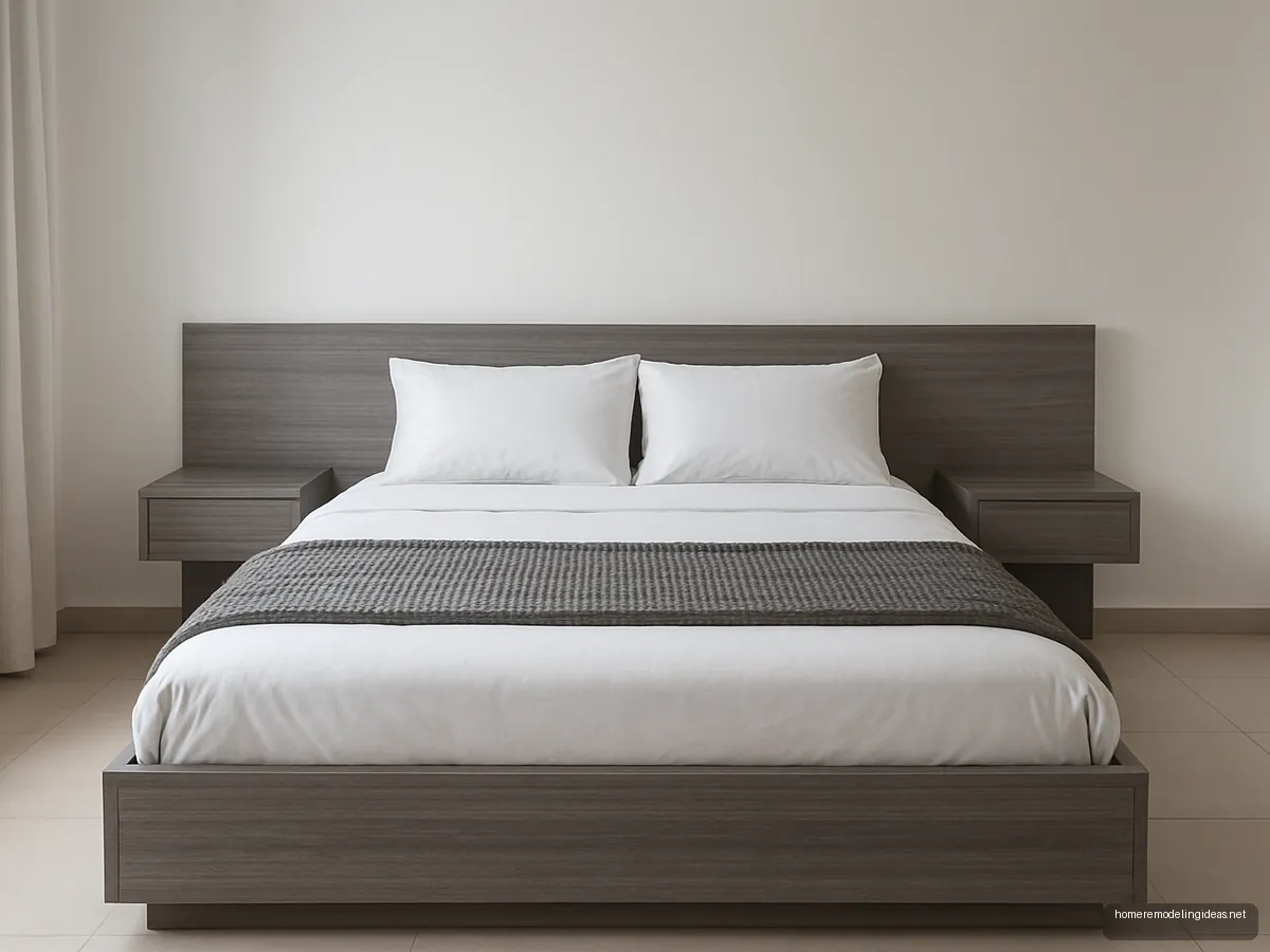 Grey oak queen bed with attached floating bedside tables