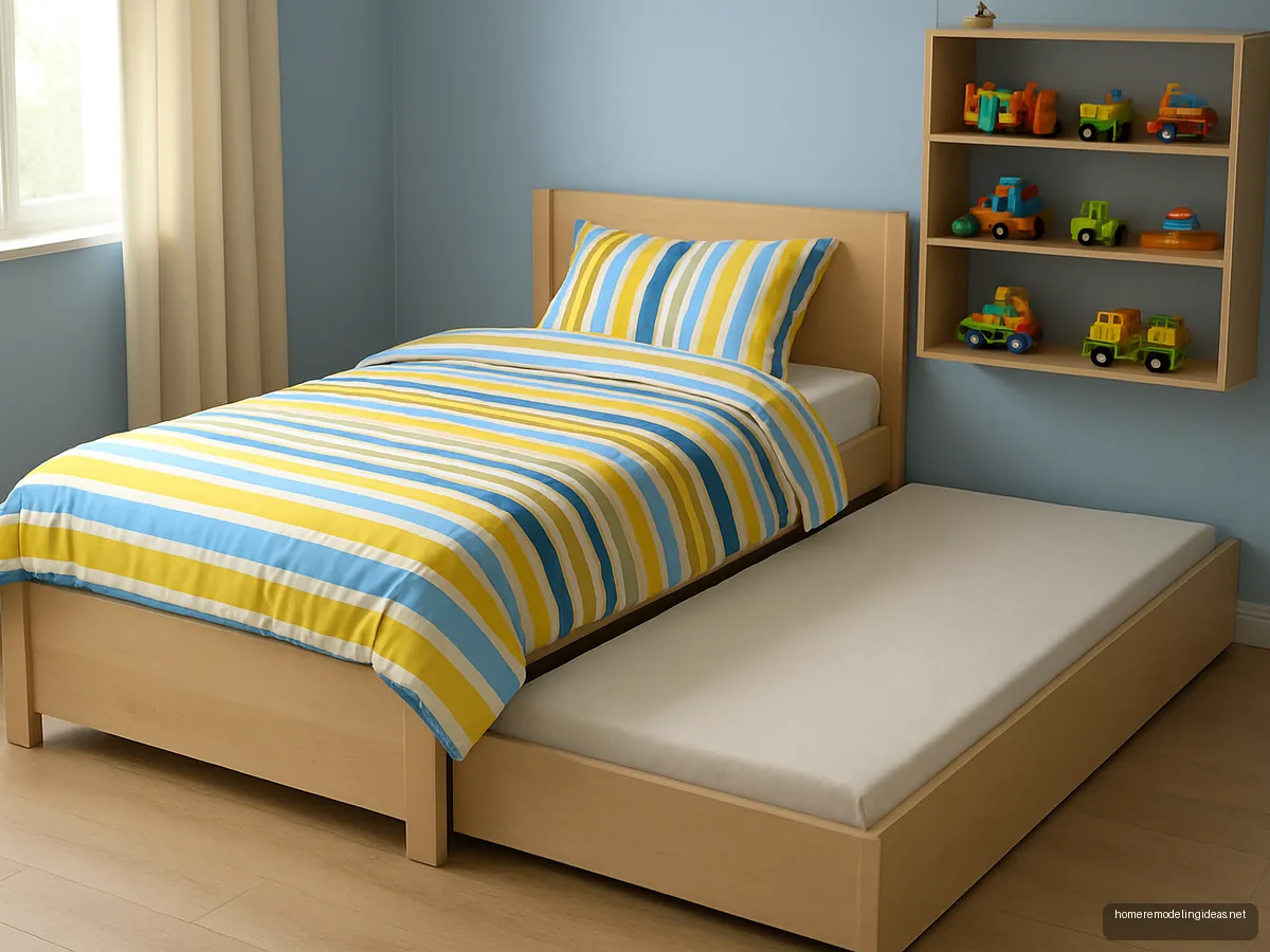 Birch double bed with half extended trundle and striped bedding