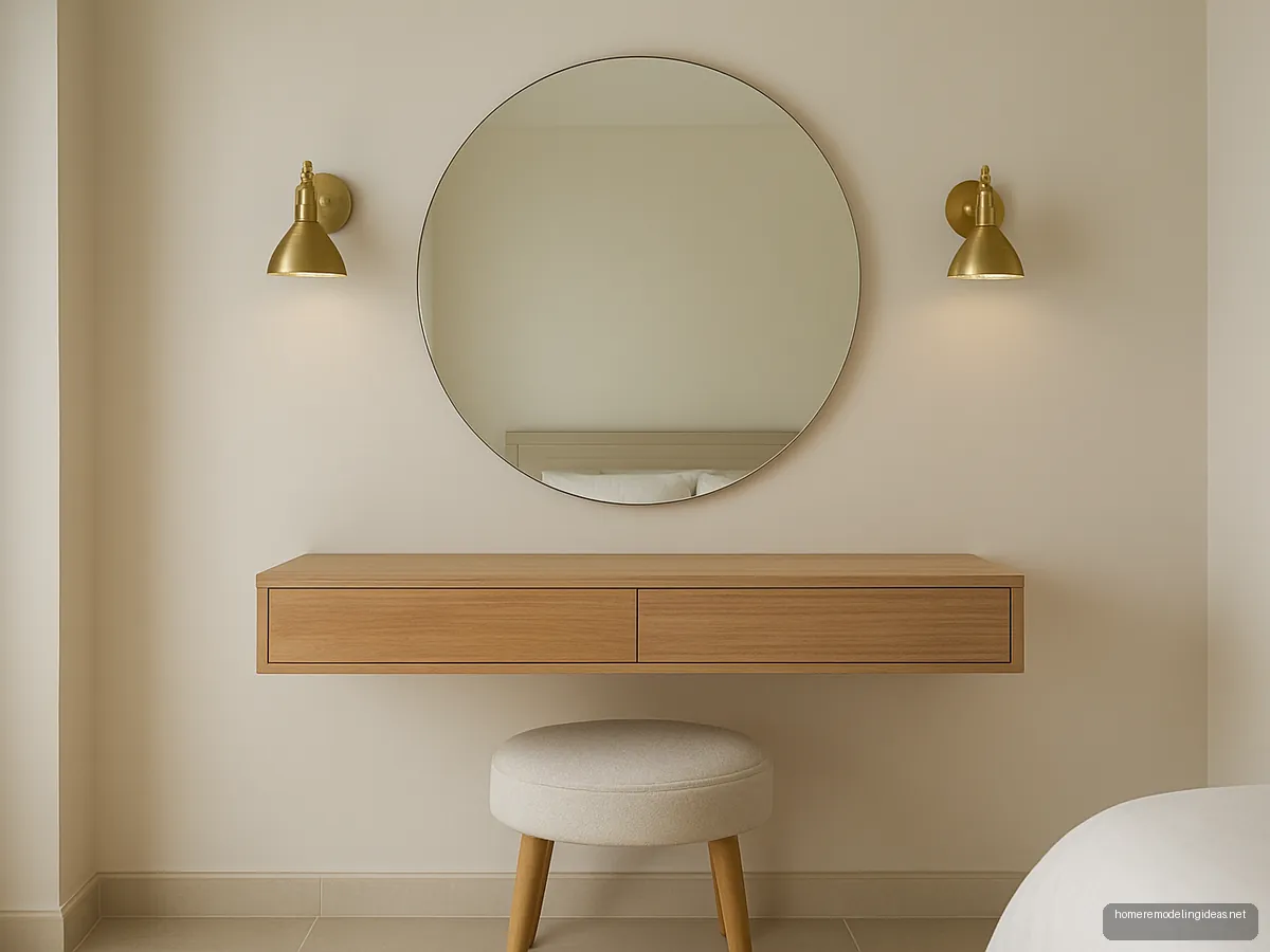 Floating oak dressing shelf with round mirror and brass sconces