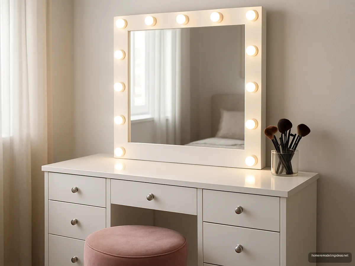White dressing table with bulb framed mirror and pink stool