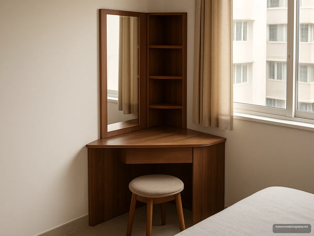Walnut corner dressing table with tall mirror and side shelves
