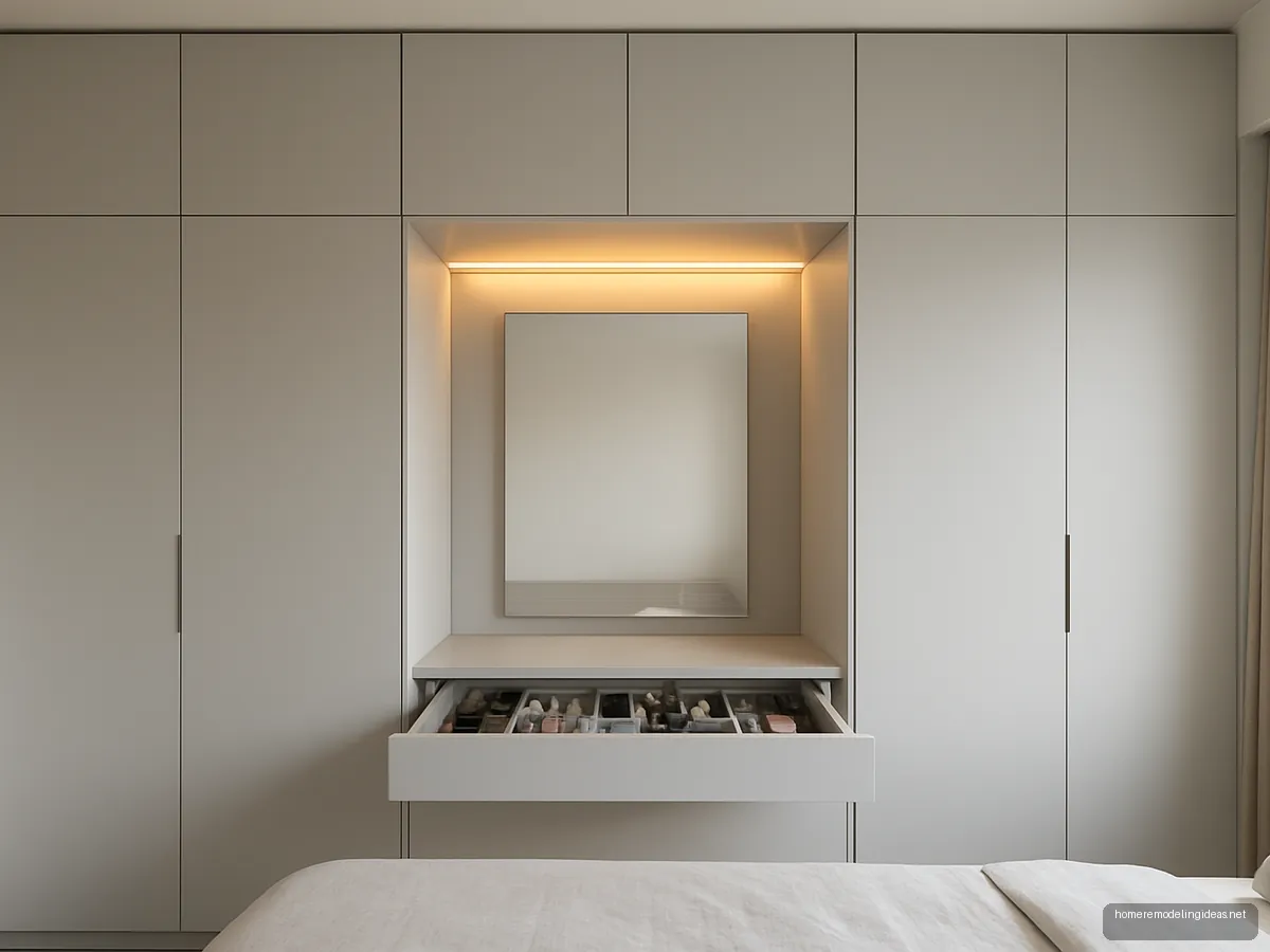 Grey wardrobe with built in dressing recess and lit mirror