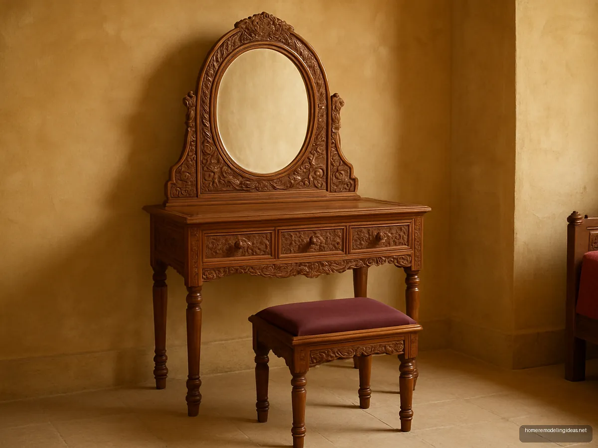 Carved sheesham dressing table with arched mirror
