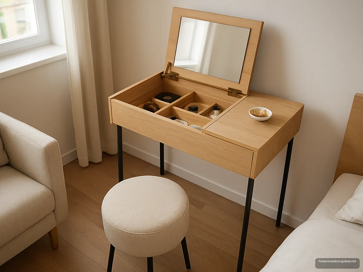 Console dresser with flip up mirror lid open