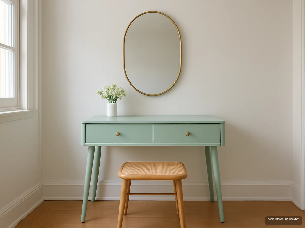 Mint green dressing table with oval brass mirror