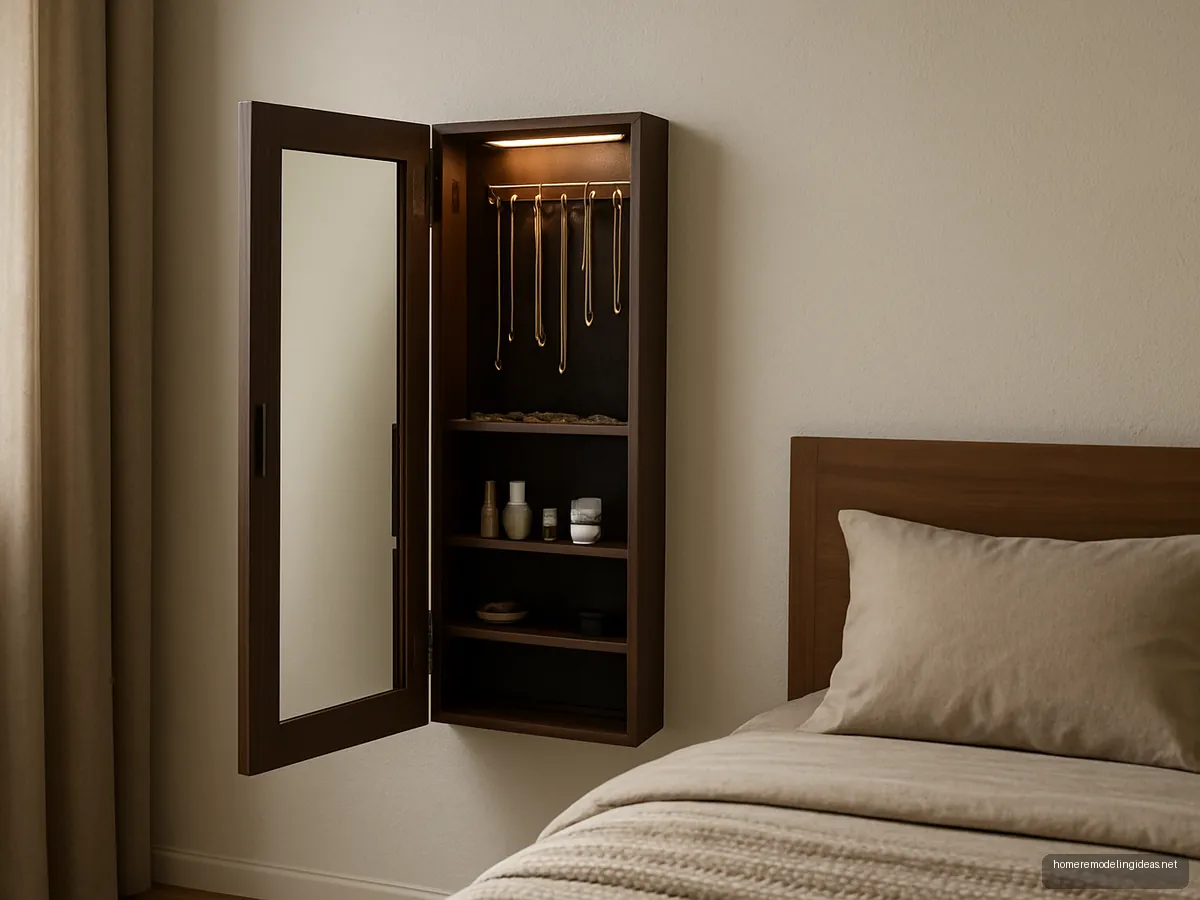 Full length mirror cabinet open showing jewellery storage