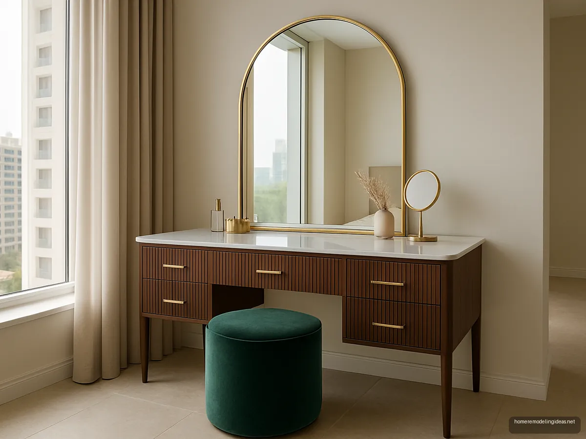 Marble top walnut vanity with gold arched mirror