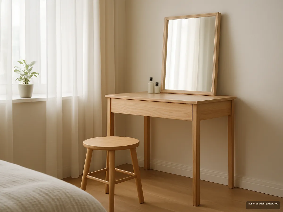 Ash wood dresser beside a window with sheer curtains