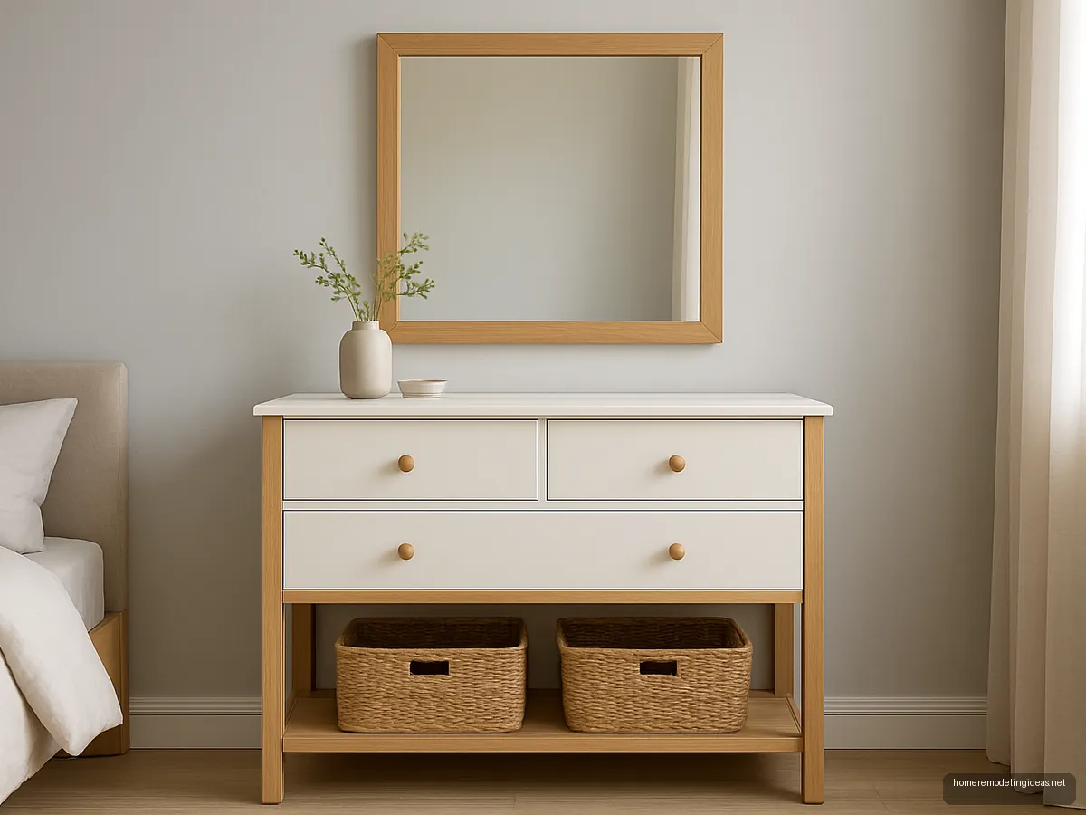 White and oak two tone dressing table with baskets