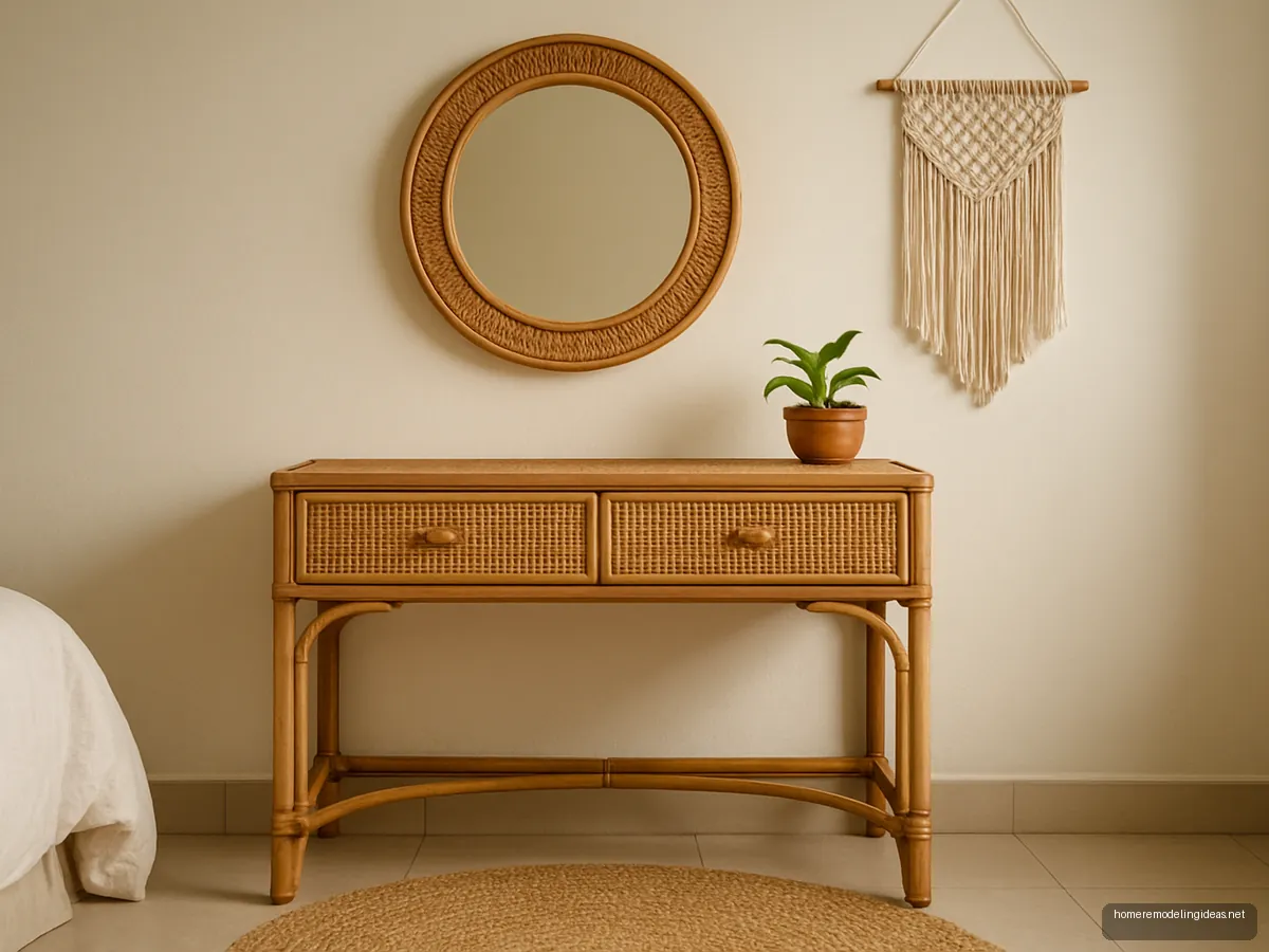 Rattan vanity with round mirror in boho corner