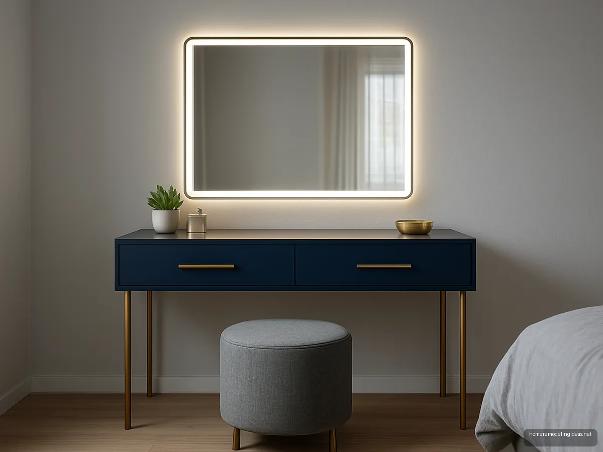 Navy lacquer dressing table with backlit mirror