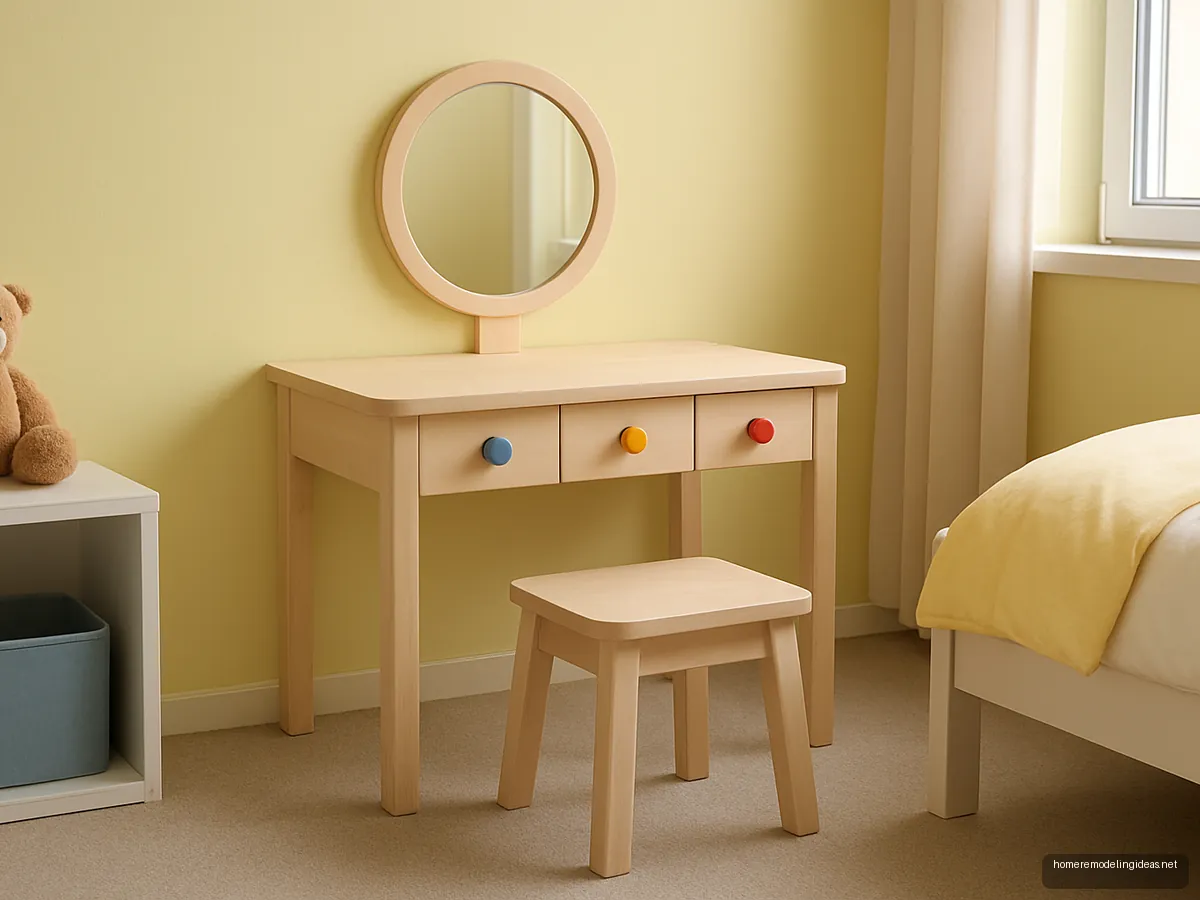 Low birch dressing table for children with round mirror