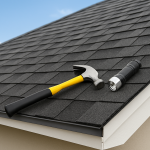 A close-up view of a hammer and flashlight positioned on a shingled roof