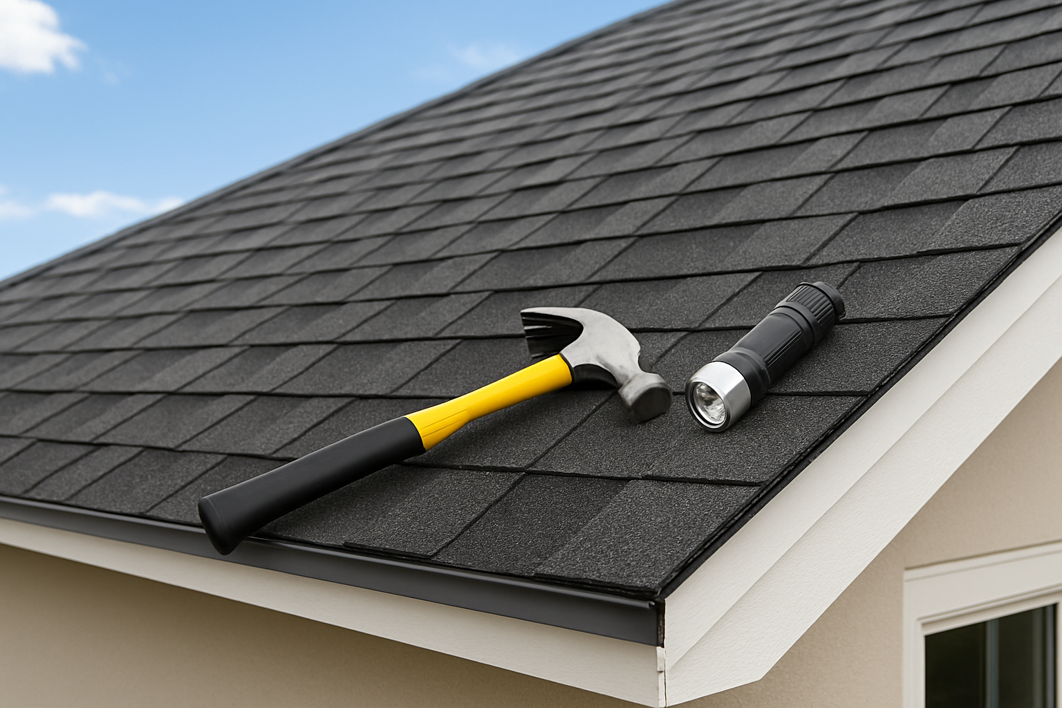 A close-up view of a hammer and flashlight positioned on a shingled roof