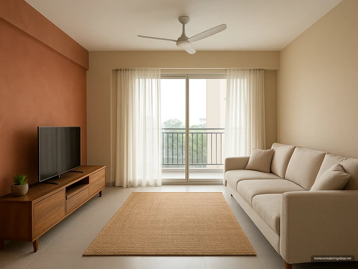Renovated apartment living hall with terracotta accent wall, oatmeal sofa and low teak TV console