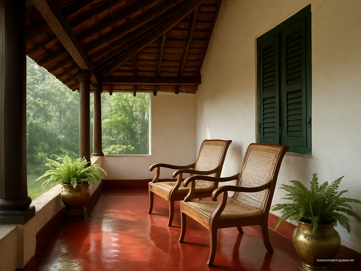 Restored bungalow verandah with red oxide floor, cane chairs and green wooden shutters