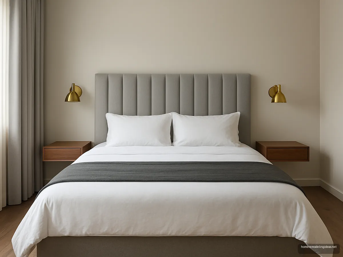Master bedroom with grey channel-tufted headboard, white linen and walnut floating side tables