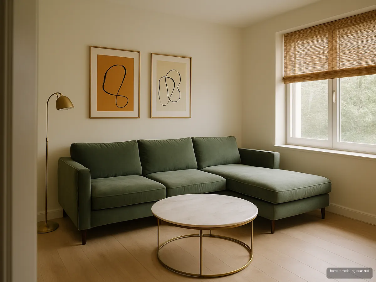 Sage green velvet L-shaped sofa in a living room corner with round marble coffee table