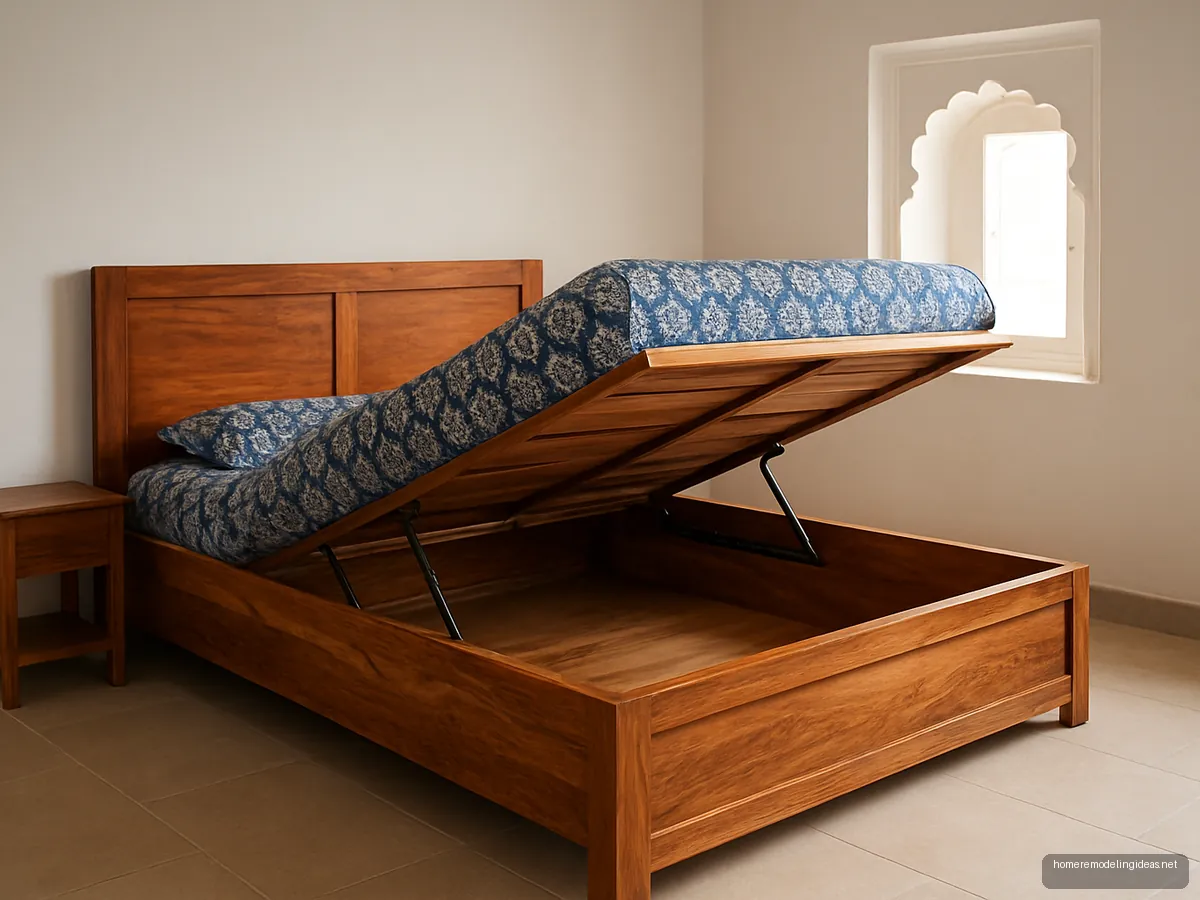 Sheesham double bed with hydraulic storage lifted open in a small bedroom with indigo bedsheet