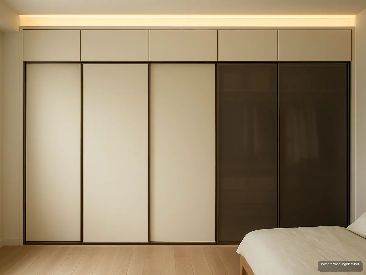Full-wall cream sliding wardrobe with bronze profiles and smoked glass panel in a compact bedroom