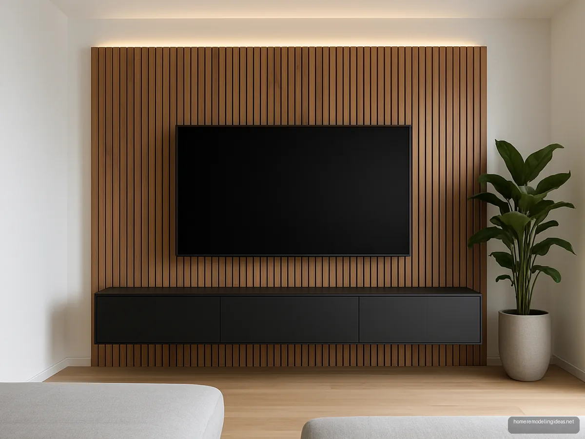 Wall-mounted TV unit with fluted walnut panel, black floating drawers and hidden LED glow