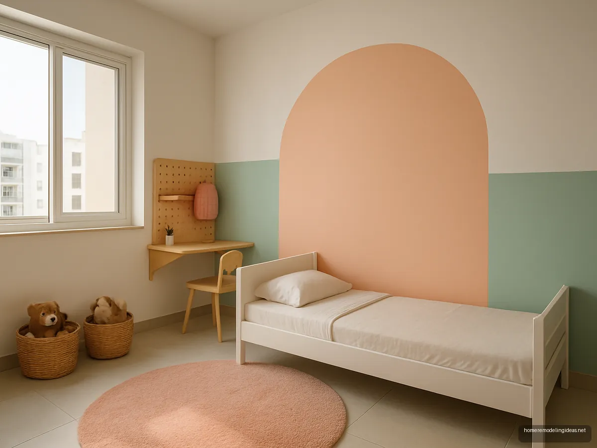 Pastel kids bedroom with white single bed, mint and peach walls and birch wall-mounted desk